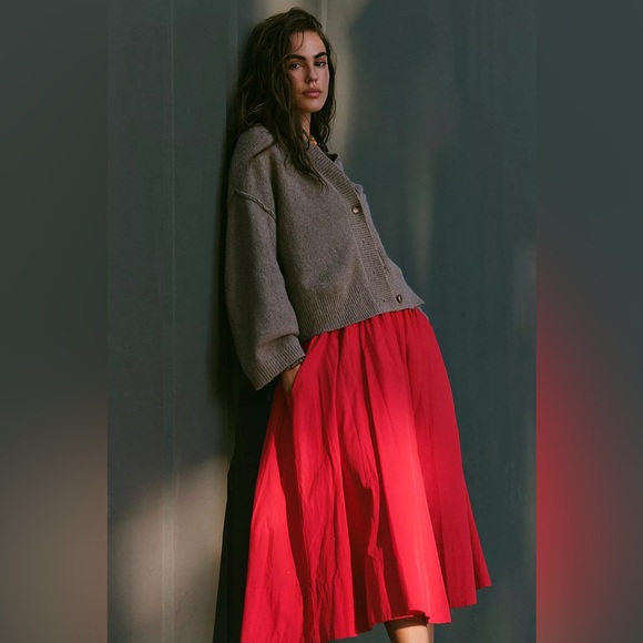 Free People Free-est Lowen Summer Cotton Midi Skirt in Cherry Red size Large - Picture 6 of 13